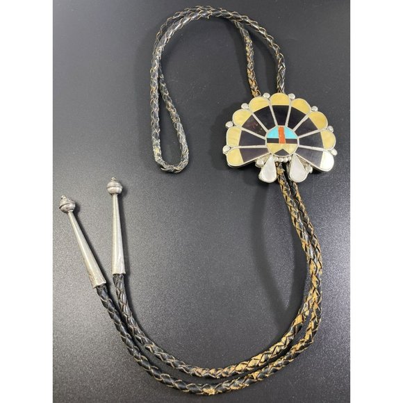 Old Pawn Zuni Sun Face Bolo Tie Inlay Sterling Bennett Patent Pending Clasp - Picture 4 of 8